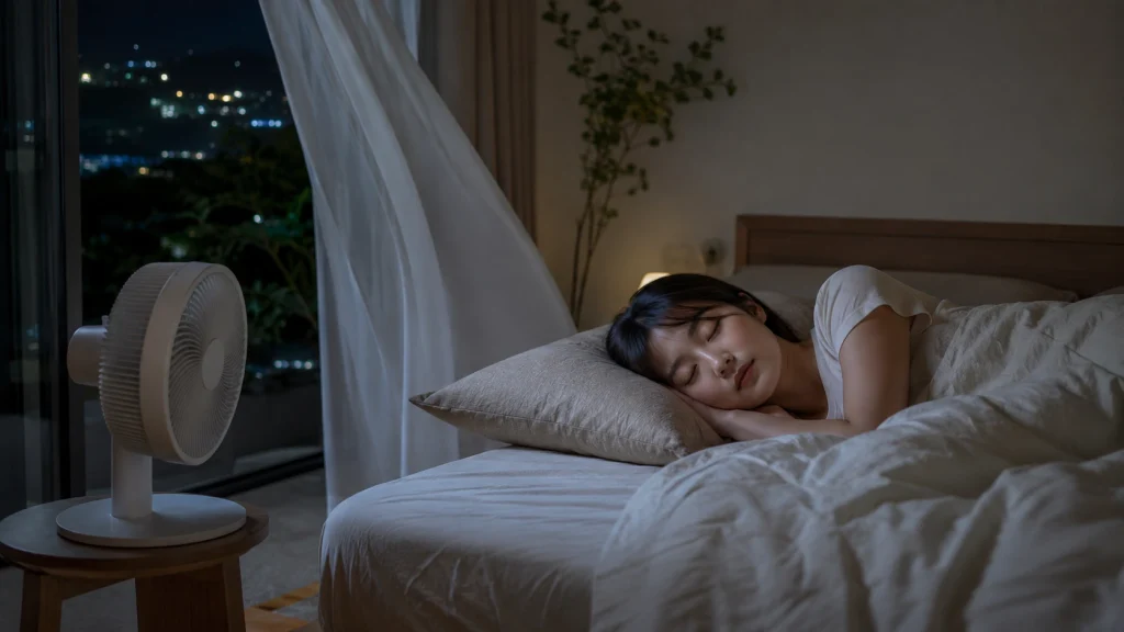静かなDC扇風機の微風を受けながら眠る日本人女性