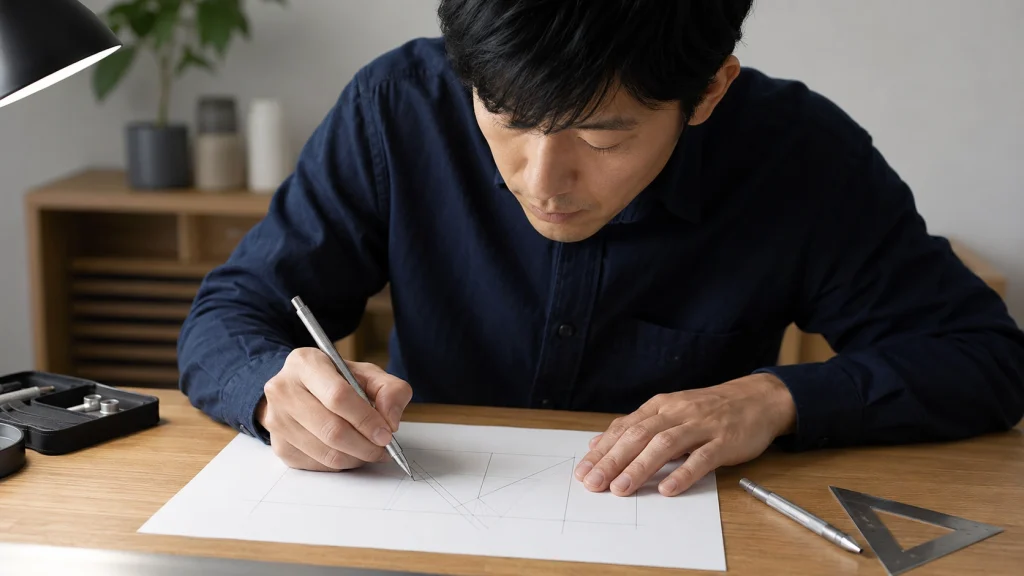 金属製シャープペンを使って机上で製図する日本人男性