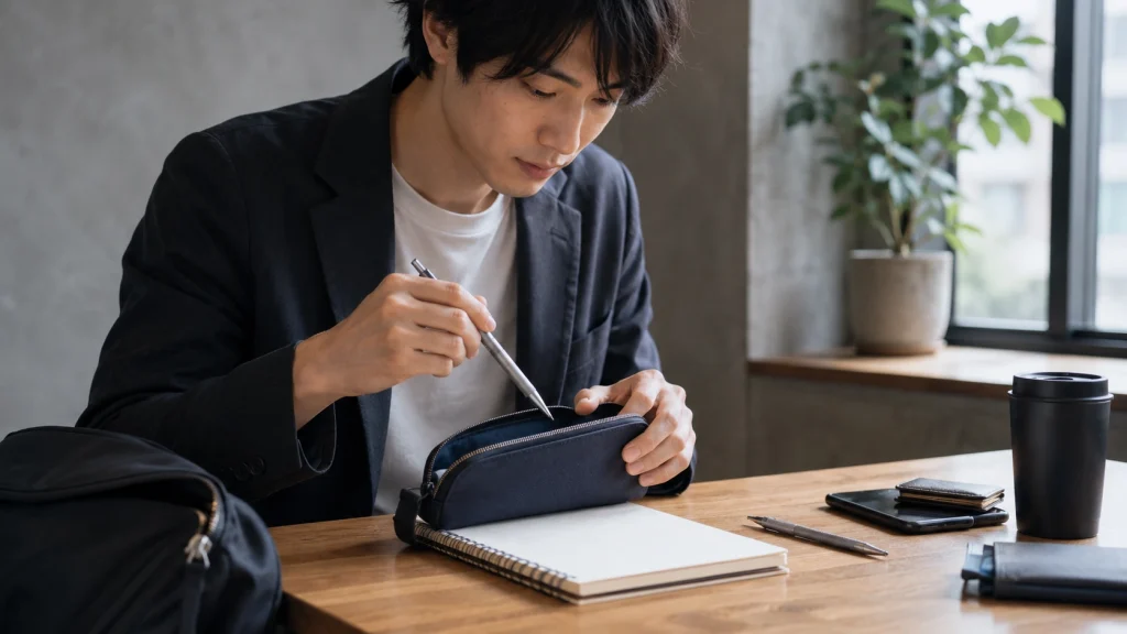 日本人男性がカフェ風の机で、金属製シャープペンをペンケースへ収納している画像です。机にはノート、もう1本のシャープペン、バッグ、スマートフォンなどが置かれ、通勤や通学時の持ち運びをイメージできる構図です。